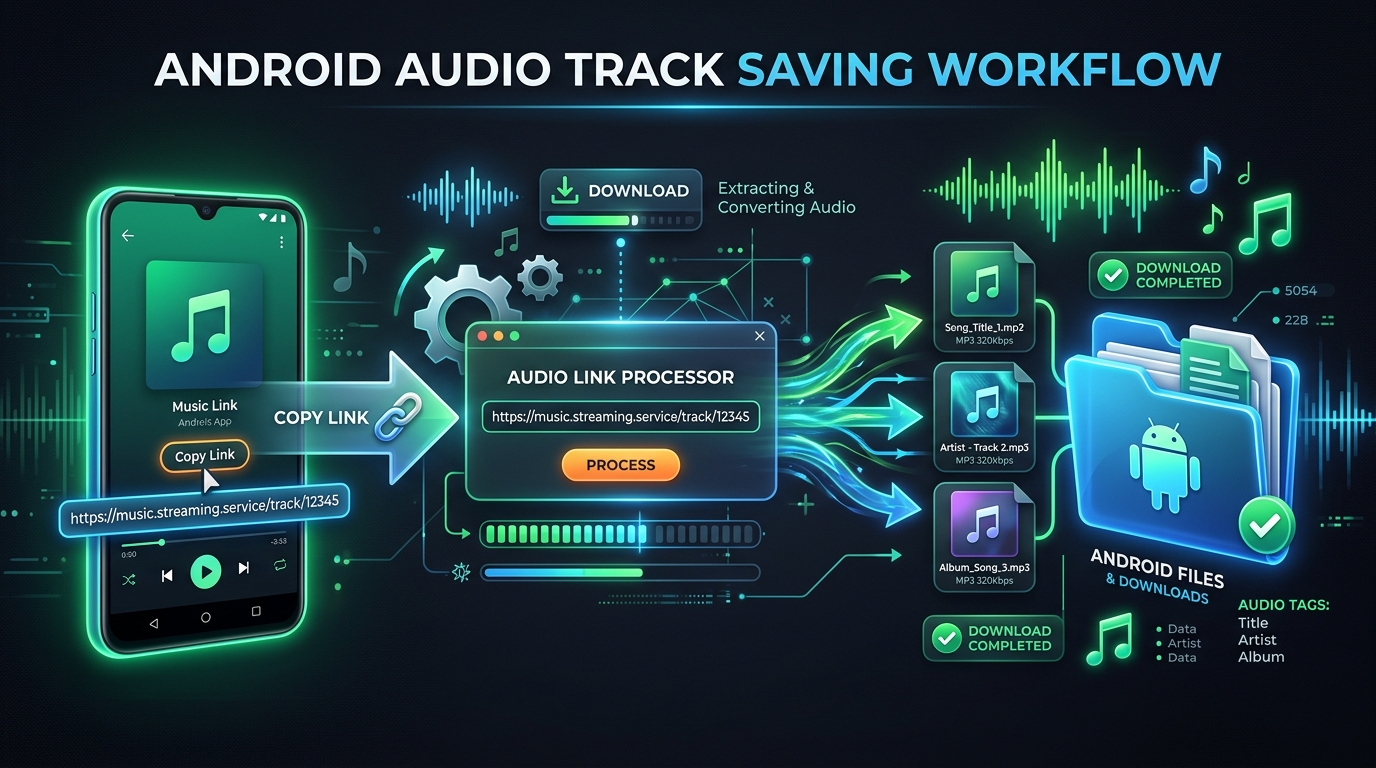 Processus d'enregistrement de pistes audio Spotify sur Android avec copie de lien et conversion en MP3